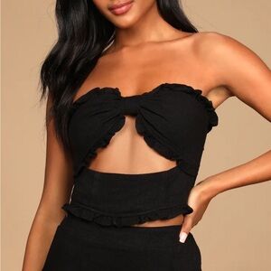 Lulus Black Strapless Ruffled Cutout Crop Top S